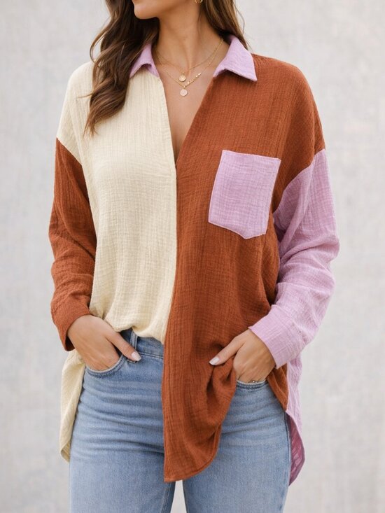 entro Tops - NWT Entro Gauze Colorblock Button Back Top Pink Brown Cream Size S